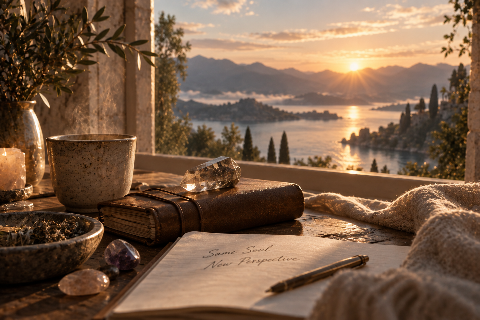 A warm morning table with a steaming cup of tea, a leather journal and crystals, looking out over a sunlit sea and mountains at sunrise
