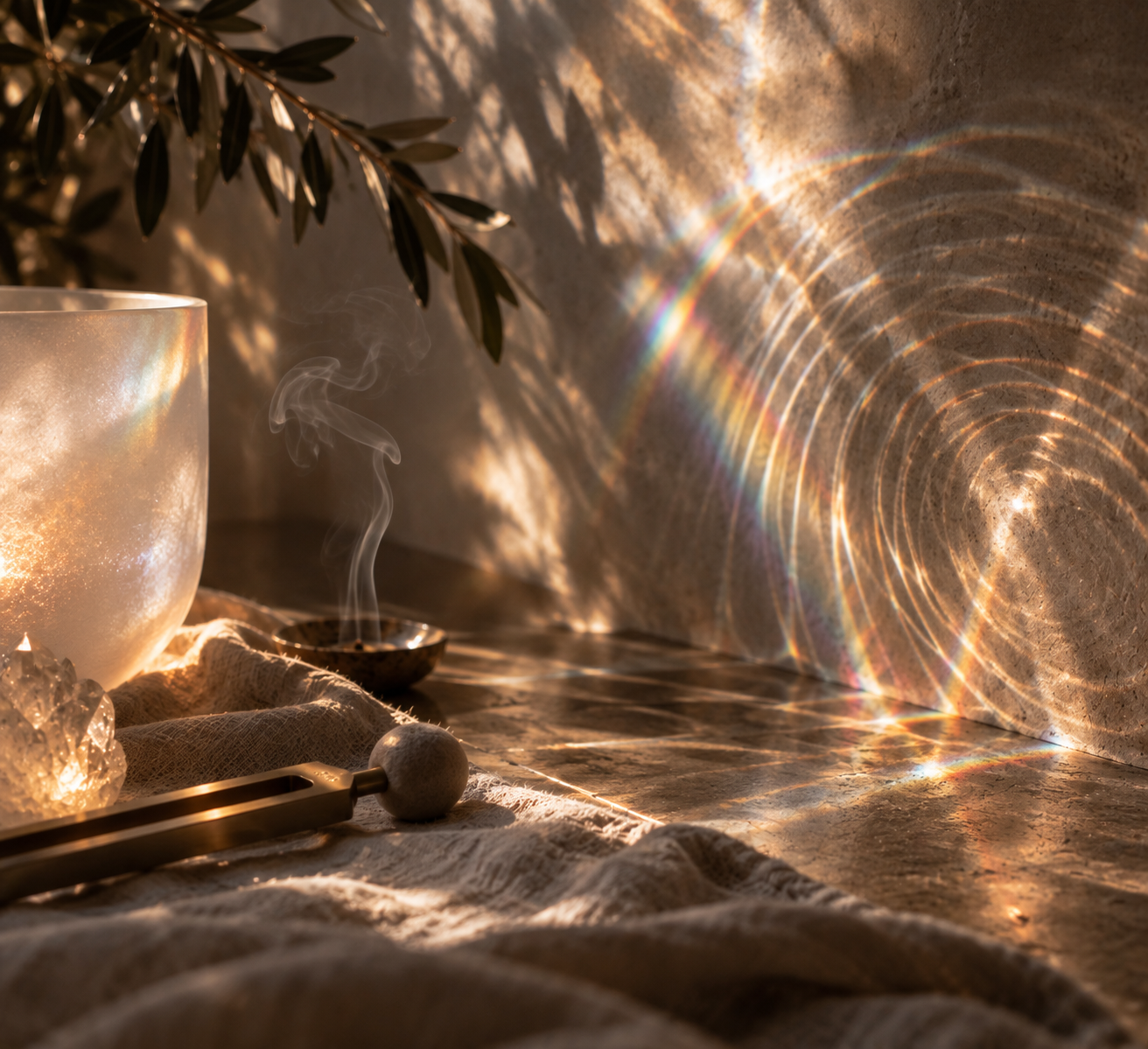 A frosted crystal singing bowl and weighted tuning fork in warm light, with ripples of prismatic resonance across the wall.