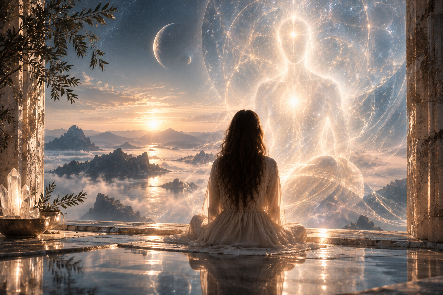 A woman seated at a stone terrace at sunrise, facing a luminous translucent figure of light rising over the sea of clouds