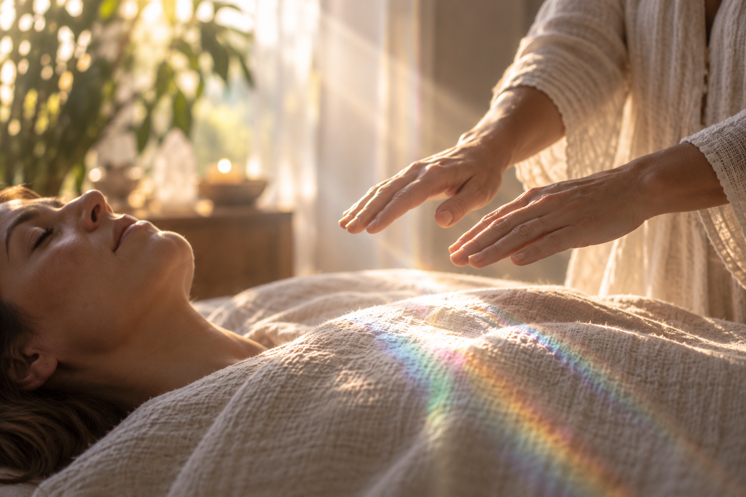 A practitioner’s hands hovering naturally over the heart area of a fully covered reclining client
