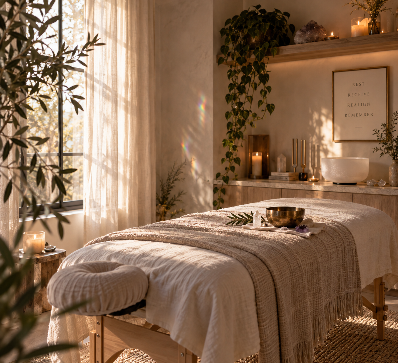 The session space at Into Resonance — a massage table dressed in warm textiles, with candlelight, plants, and afternoon sun.