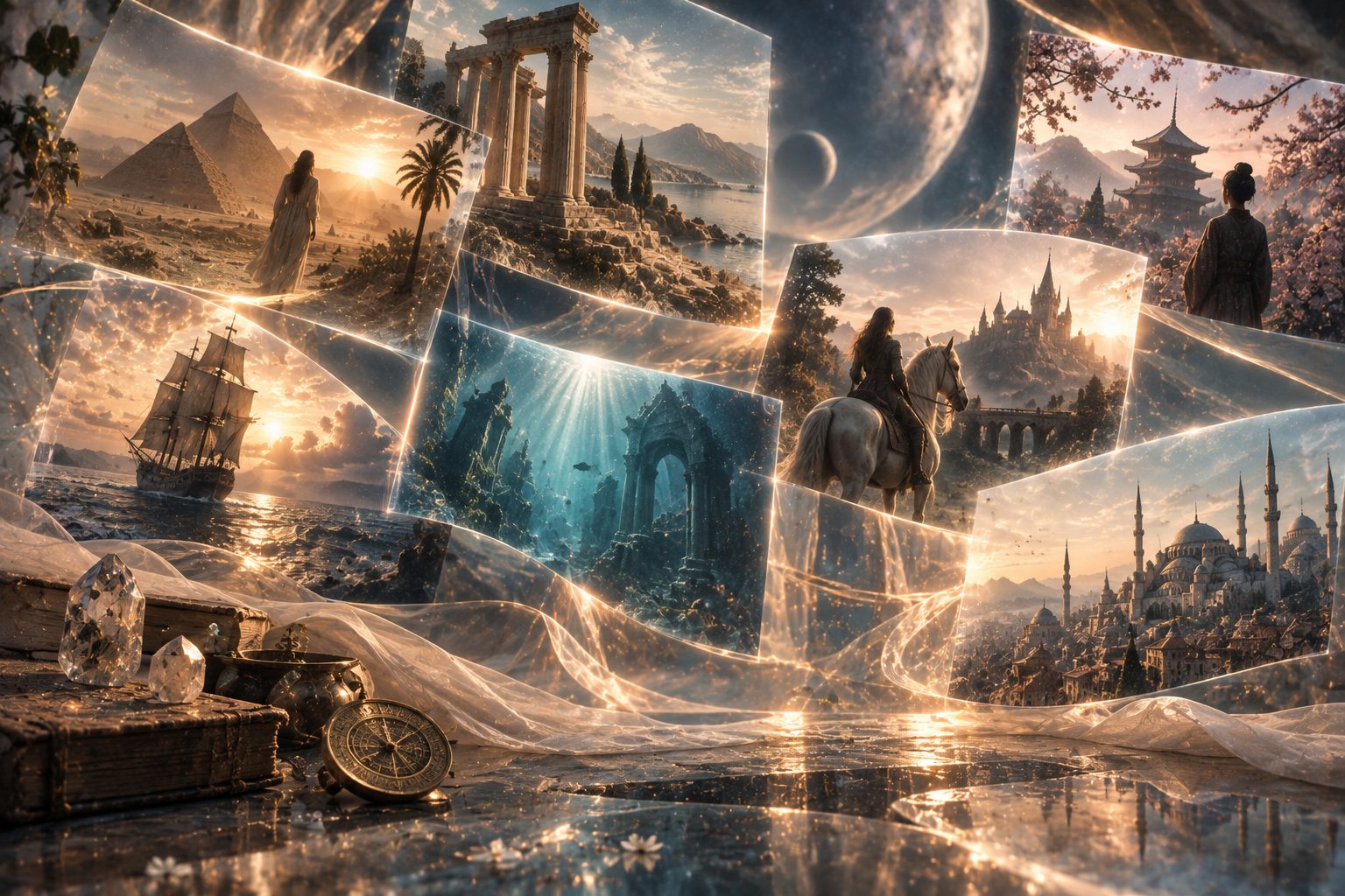 Fragments of other lifetimes emerging together—a woman before pyramids, a ship at sea, sunken ruins, a rider approaching a castle and an ancient city