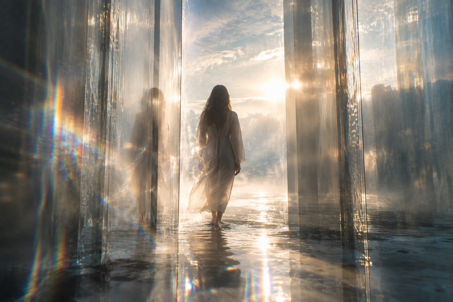 A woman crossing a luminous threshold between translucent glass layers, mist at her feet